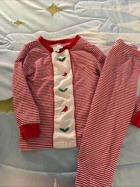 Busy Bee Smocks Striped Holiday Pajama Set with Cardinal and Holly